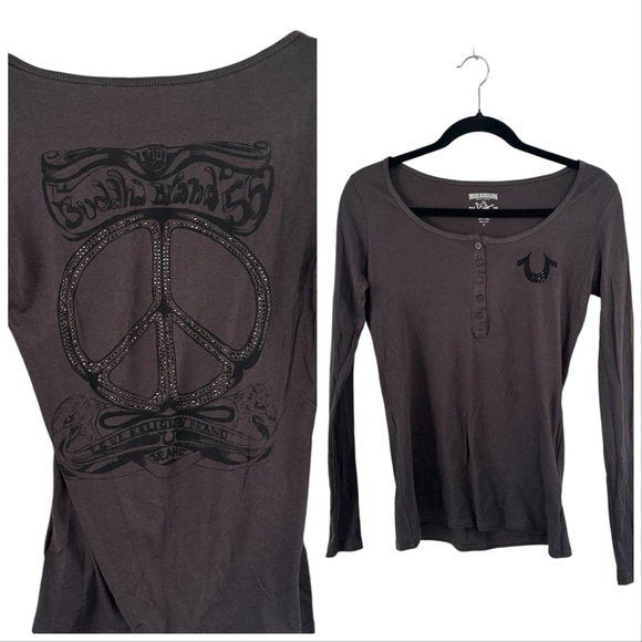 True Religion Peace Crystal Henley Black Long Sleeve S Made in USA Y2K Grunge - Picture 1 of 8